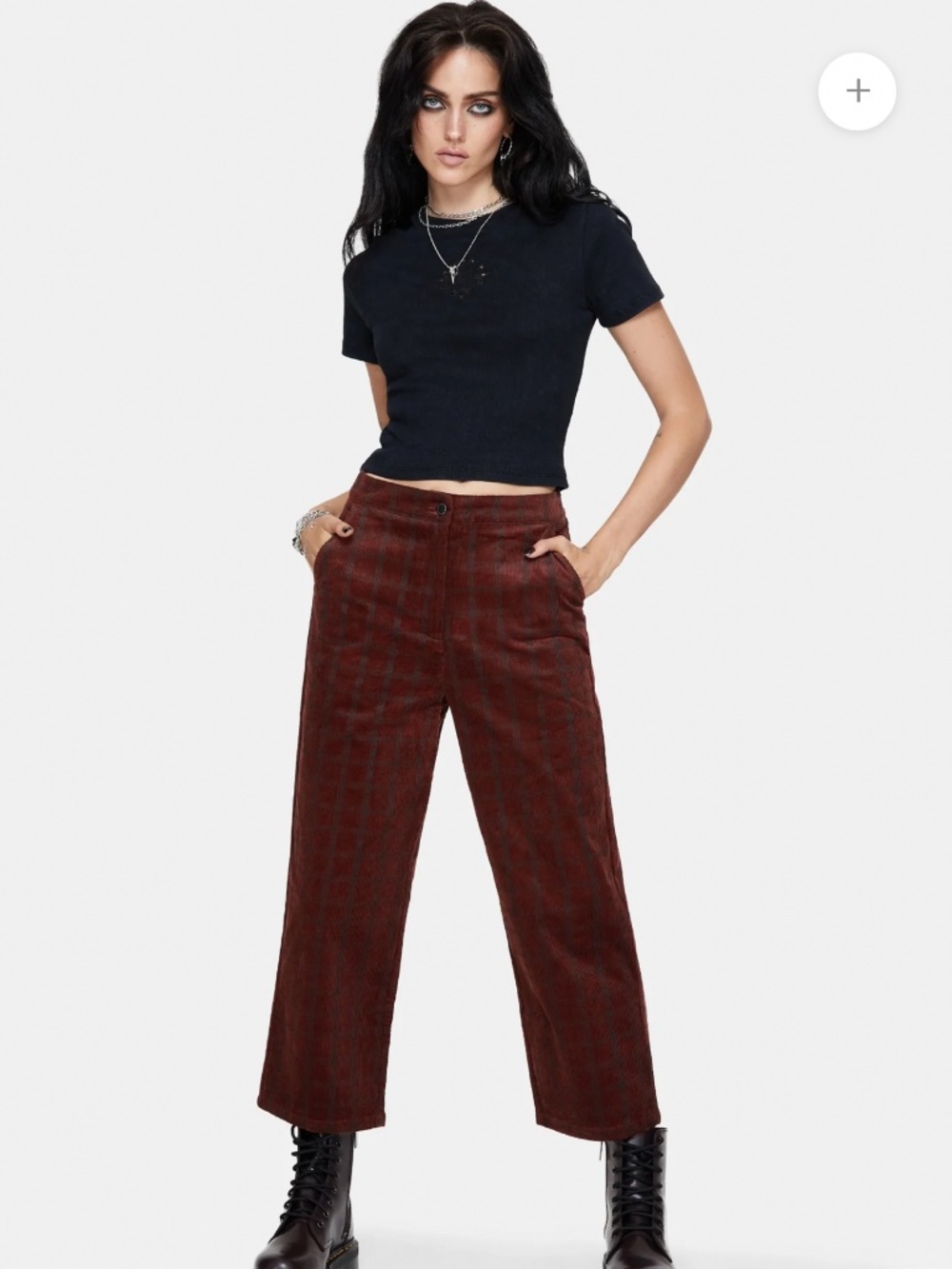 DISTURBIA Terracotta Cotton Cord Check Straight Leg Crop Trousers Size 8